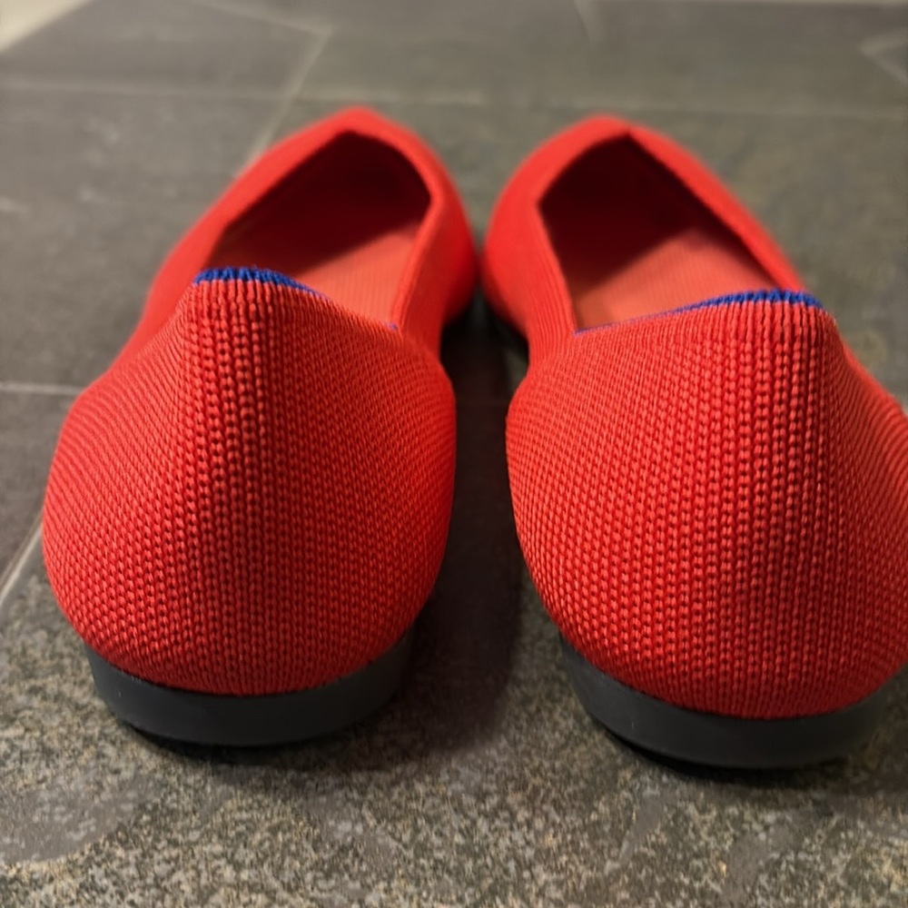 Rothy's Coral-Red Pointed Knit Flats with Blue Trim - Picture 9 of 10